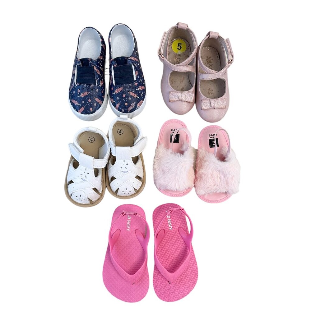 Lot of 5 Baby Girl Sandals, Flip Flop & Sneaker Shoes Size 3,4,5,6 & 7 Pre-owned